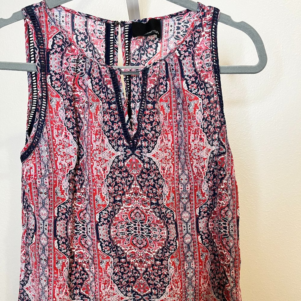 Sleeveless Silk Top - Pink/ Blue Printed - Size Small